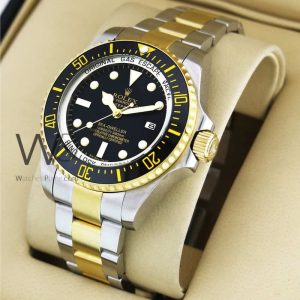 ساعه من rolex تعمل بعدادات بلون اسود وسير فضى & دهبى من المعدن
