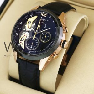 ساعه من Tag Heuer تعمل بعدادات بلون اسود  وسير اسود من الجلد
