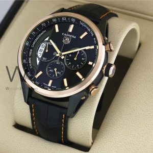 ساعه من Tag Heuer تعمل بعدادات بلون اسود وسير اسود  من الجلد