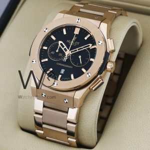 ساعه من Hublot تعمل بعدادات بلون اسود وسير نحاسى من المطاط