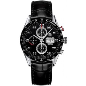 ساعه من Tag Heuer تعمل بعدادات بلون اسود وسير اسود من الجلد