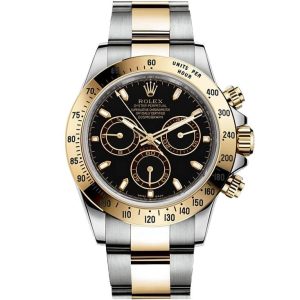 ساعه من rolex تعمل بعدادات بلون اسود وسير فضى&دهبى من المعدن
