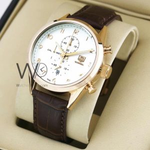 ساعه منTag Heuerتعمل بعدادات بلون ابيض وسير جلد بنى