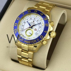 ساعه من rolex تعمل بعدادات بلون ابيض وسير دهبى من المعدن