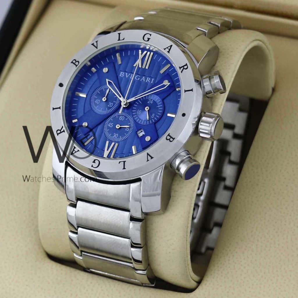 ساعةBvlgari تعمل بعدادات بلون أزرق وسير فضي من المعدن | Watches Prime