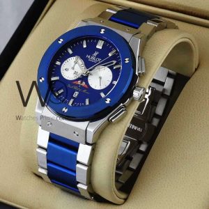 ساعه من Hublot تعمل بعدادات بلون ازرق وسير فضى&ازرق من المعدن