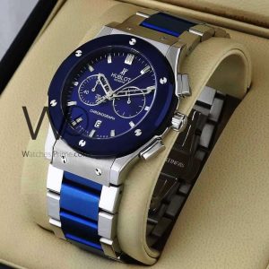 ساعه من Hublot تعمل بعدادات بلون ازرق وسير فضى&ازرق من المعدن