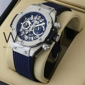 ساعه من Hublot تعمل بعدادات بلون ازرق وسير ازرق من المطاط