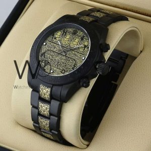 ساعه من rolex تعمل بعدادات بلون اسود وسير اسود&دهبى من المعدن