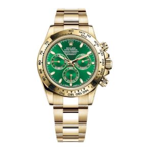 ساعه من rolex تعمل بعدادات بلون اخضر وسير دهبى من المعدن