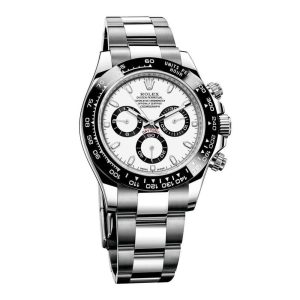 ساعه من rolex تعمل بعدادات بلون ابيض وسير فضى من المعدن