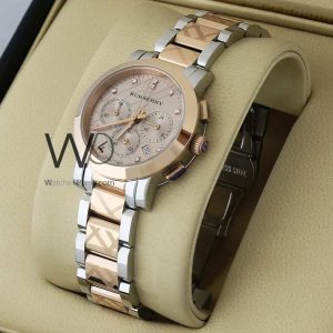 Burberry check-engraved rose gold watch with premium detailing