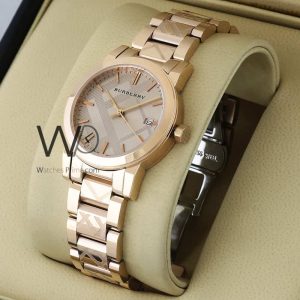 Burberry check-engraved rose gold watch for refined elegance