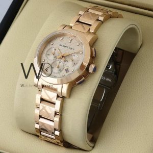 Burberry check-engraved rose gold watch with a premium aesthetic
