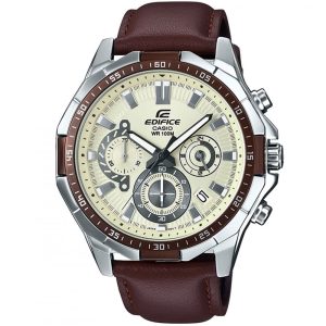 Men's Casio Edifice watch featuring a crisp white chronograph dial