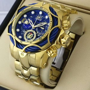 ساعة من ِinvicta تعمل بعدادات بلون ازرق وسير ذهبي من المعدن