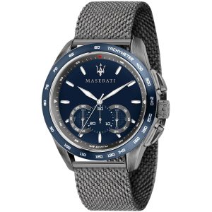 R8873612009 maserati watch quartz chronograph mens blue dial black stainless steel mesh strap metal traguardo