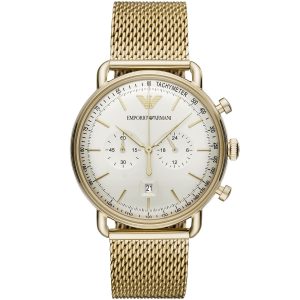 Ar11315 emporio armani watch men white dial stainless steel metal gold mesh strap quartz analog chronograph aviator