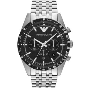 Ar5988 emporio armani watch men black dial stainless steel metal silver strap quartz analog chronograph sportivo