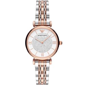 Ar80035 emporio armani watch women white dial stainless steel metal silver rose gold two tone strap quartz analog two hand gianni t bar