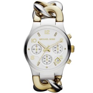 Mk3199 michael kors watch women white dial stainless steel metal silver gold two tone strap quartz analog chronograph runway