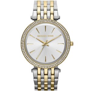 Mk3215 michael kors watch women silver dial stainless steel metal gold two tone strap quartz analog three hand darci