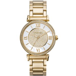 Mk3332 michael kors watch women white dial stainless steel metal gold strap quartz analog three hand catlin