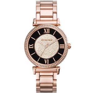 Mk3339 michael kors watch women black dial stainless steel metal rose gold strap quartz analog three hand catlin