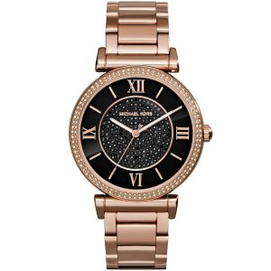 Mk3356 michael kors watch women black dial stainless steel metal rose gold strap quartz analog three hand catlin