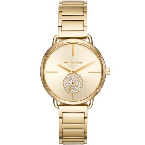 Mk3639 michael kors watch women gold dial stainless steel metal golden strap quartz analog three hand portia