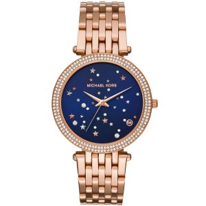 Mk3728 michael kors watch women blue dial stainless steel metal rose gold strap quartz analog three hand stars darci
