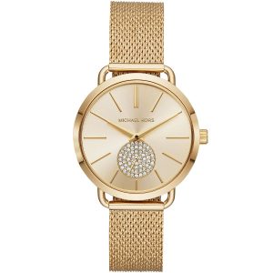Mk3844 michael kors watch women gold dial stainless steel metal golden mesh strap quartz analog three hand portia