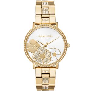 Mk3864 michael kors watch women white dial stainless steel metal gold strap quartz analog three hand flower floral jaryn