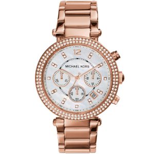 Mk5491 michael kors watch women white dial stainless steel metal rose gold strap quartz analog chronograph parker