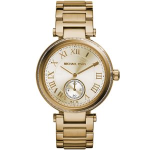Mk5867 michael kors watch women gold dial stainless steel metal golden strap quartz analog three hand skylar