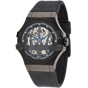 R8821108009 maserati watch men black dial leather strap automatic movment analog three hand potenza