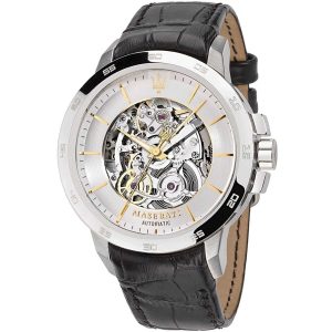 R8821119002 maserati watch men silver dial leather black strap automatic analog three hand ingegno