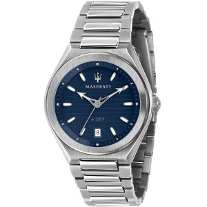 R8853139002 maserati watch men blue dial metal stainless steel silver strap quartz battery analog three hand wr 330 ft triconic