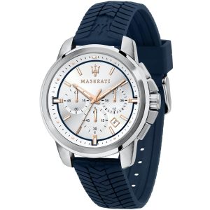 R8871621013 maserati watch men silver dial rubber blue strap quartz battery analog chronograph successo