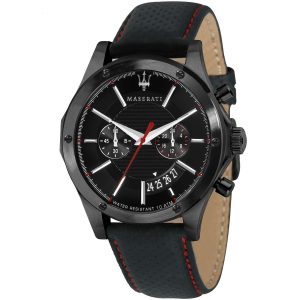 R8871627004 maserati watch men black dial leather strap quartz battery analog chronograph water resistant 10 atm circuito