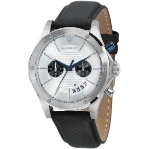 R8871627005 maserati watch men silver dial leather black strap quartz battery analog chronograph water resistant 10 atm circuito