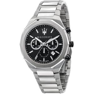 R8873642004 maserati watch men black dial metal stainless steel silver strap quartz battery analog chronograph 100m 330ft stile