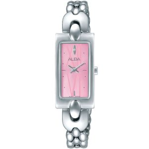 Aegd49x1 alba watch women pink dial stainless steel metal silver strap quartz movt japan analog square three hand fashion