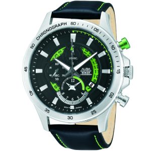 Af8s63x1 alba watch men black dial leather strap quartz movt japan analog water resist 10bar chronograph active