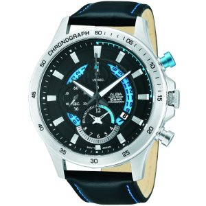 Af8s65x1 alba watch men black dial leather strap quartz movt japan analog water resist 10bar chronograph active
