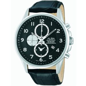 Af8s67x1 alba watch men black dial leather strap quartz movt japan analog water resist 10bar chronograph