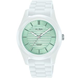 Ag2029x1 alba watch women green patterned dial rubber white strap quartz movt japan analog water resist 10bar three hand fashion