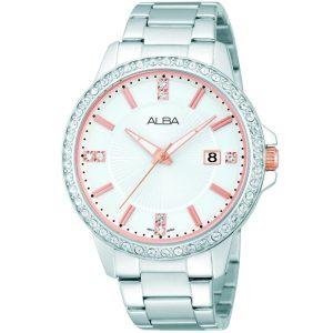 Ag8349x1 alba watch women white dial stainless steel metal silver strap quartz movt japan analog diamond three hand fashion