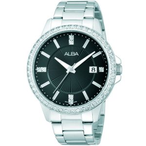Ag8351x1 alba watch women black dial stainless steel metal silver strap quartz movt japan analog diamond three hand fashion