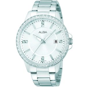 Ag8353x1 alba watch women silver white dial stainless steel metal strap quartz movt japan analog diamond three hand fashion